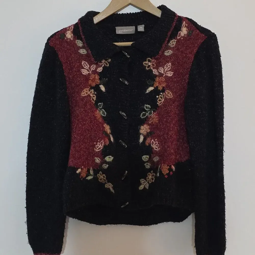 Croft & Barrow Black Red Wool Floral Yarn Embroidered Cardigan Sweater Womens PM
